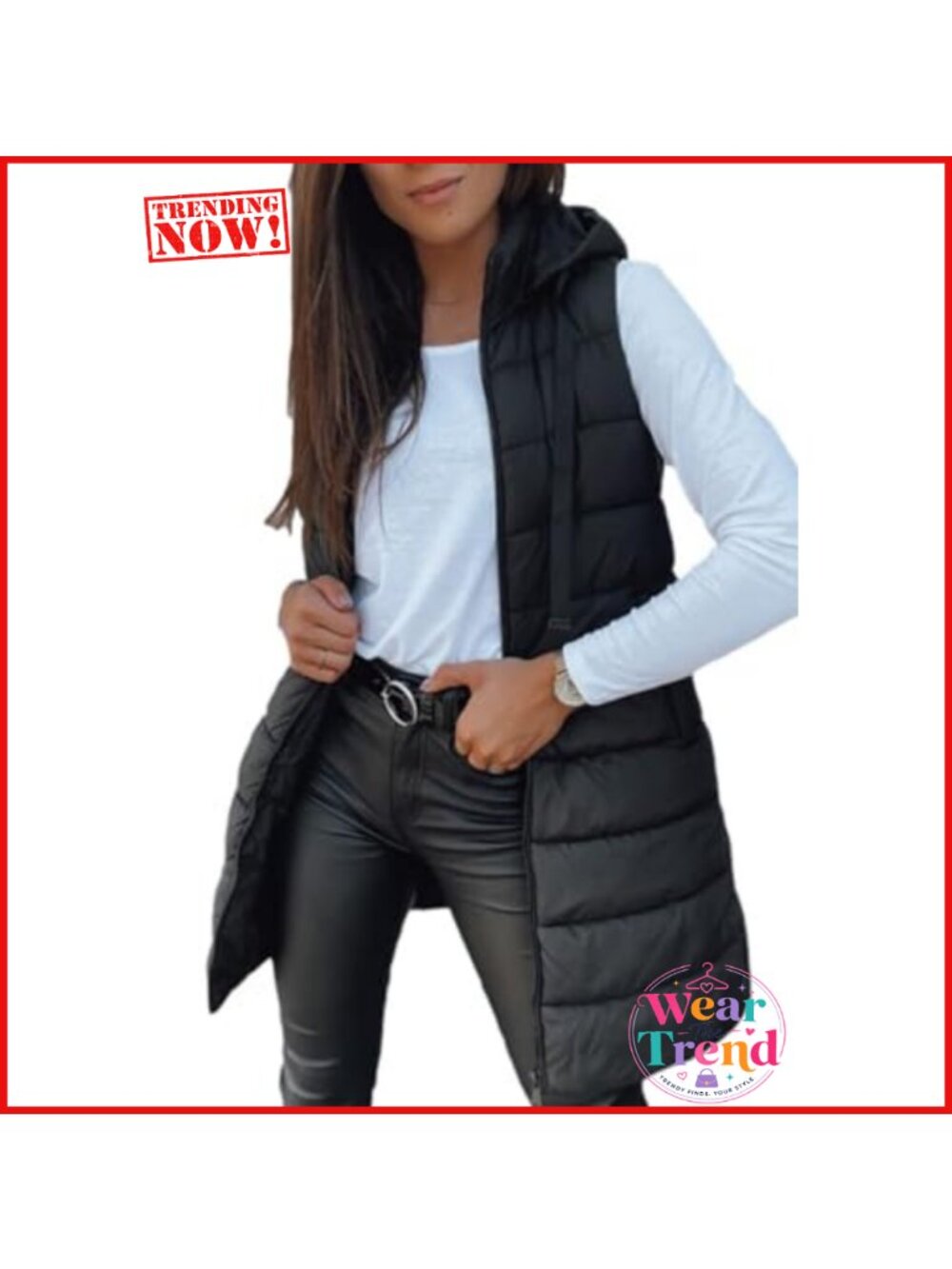 Quilted Puffer Vest Hooded Sleeveless Long Winter Outwear